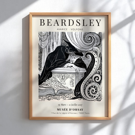 Aubrey Beardsley poster featuring Avarice from Volpone, intricate black-and-white illustration, elegant wall