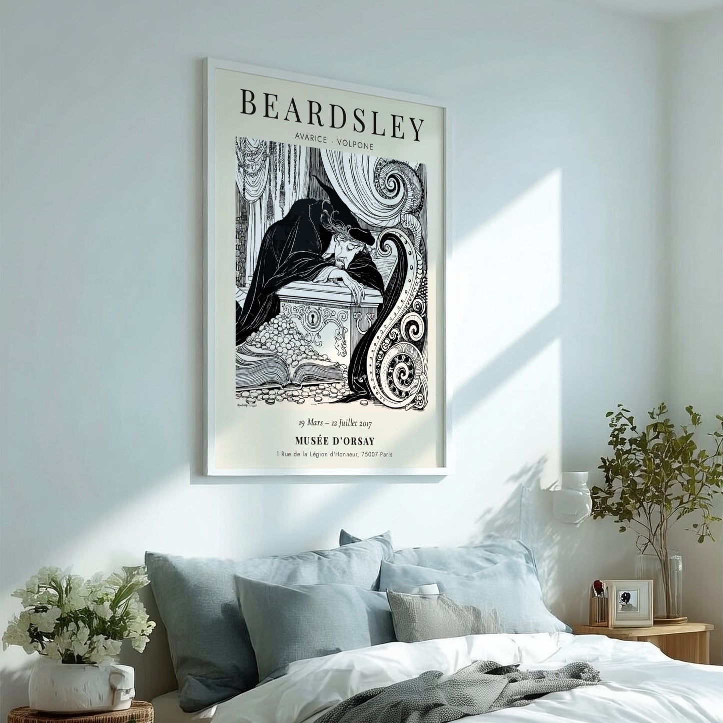 Aubrey Beardsley poster featuring Avarice from Volpone, intricate black-and-white illustration, elegant wall