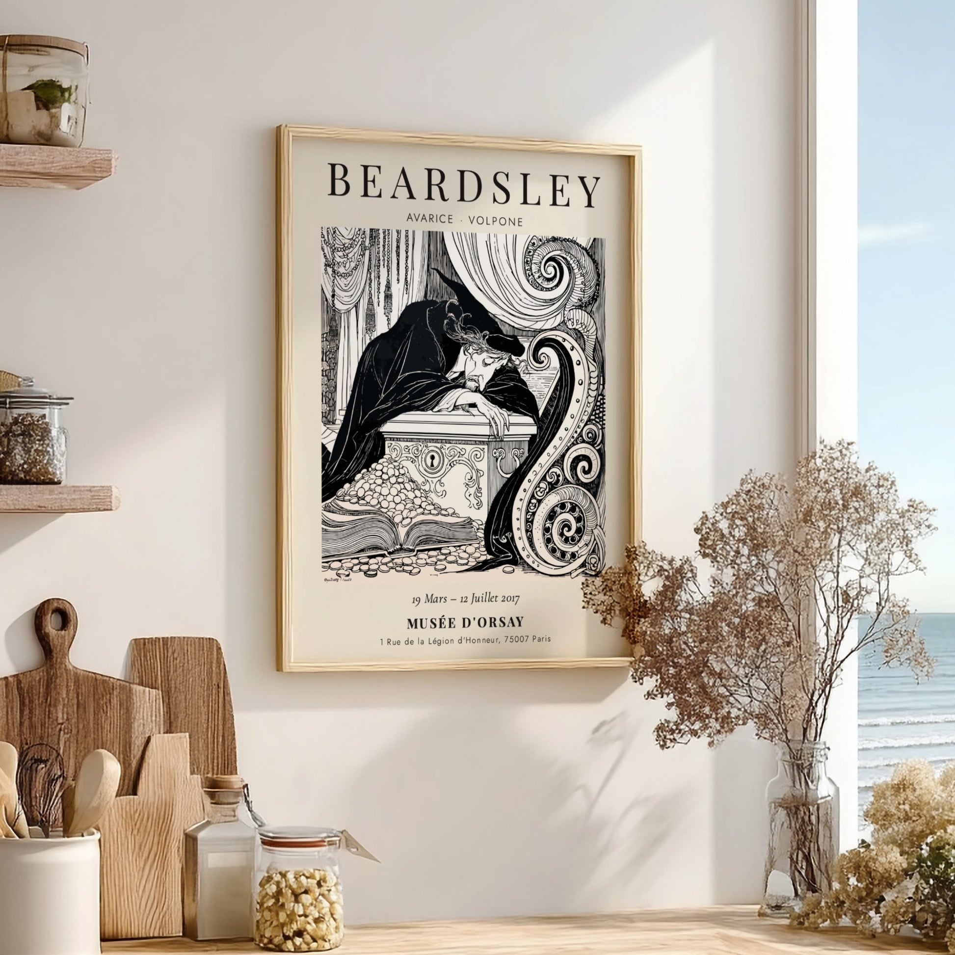 Aubrey Beardsley poster featuring Avarice from Volpone, intricate black-and-white illustration, elegant wall