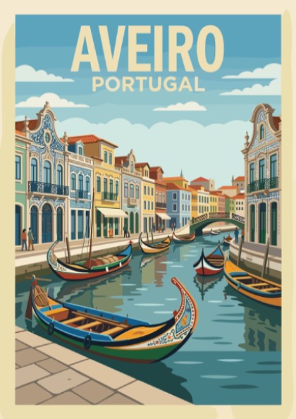 Poster of Aveiro Portugal featuring traditional boats on a canal with ornate buildings