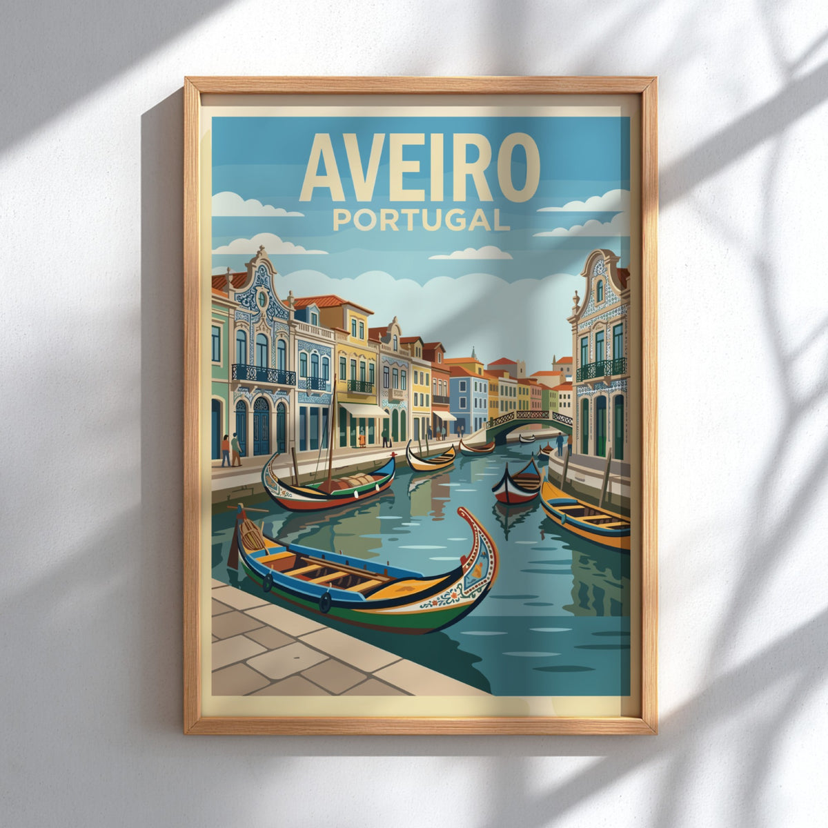 Poster of Aveiro Portugal featuring traditional boats on a canal with ornate buildings