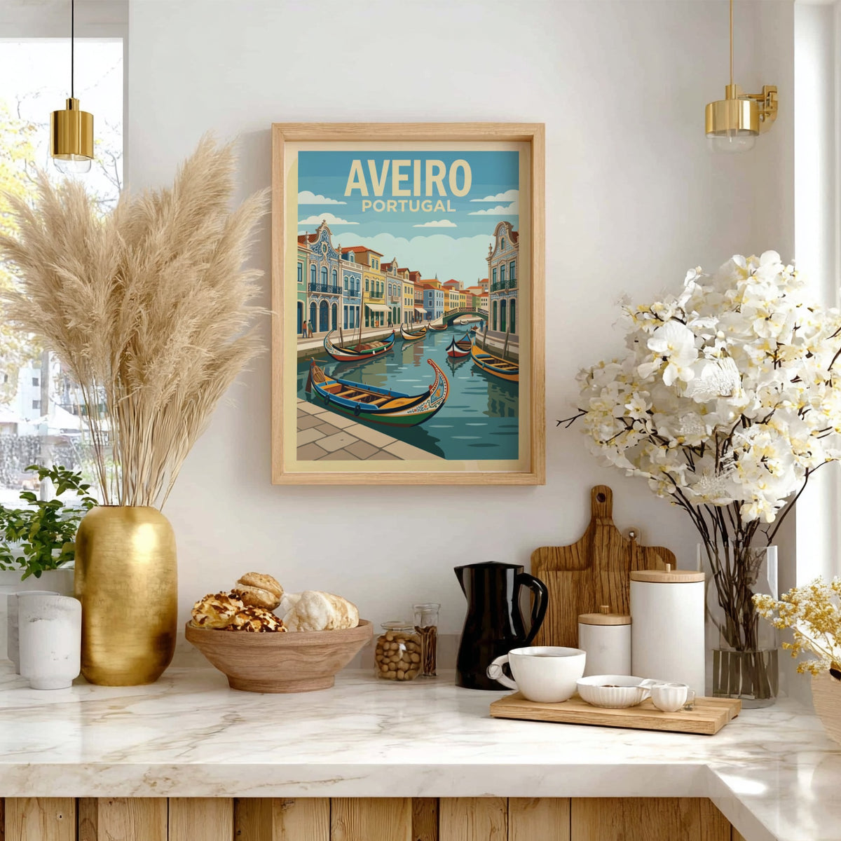 Poster of Aveiro Portugal featuring traditional boats on a canal with ornate buildings