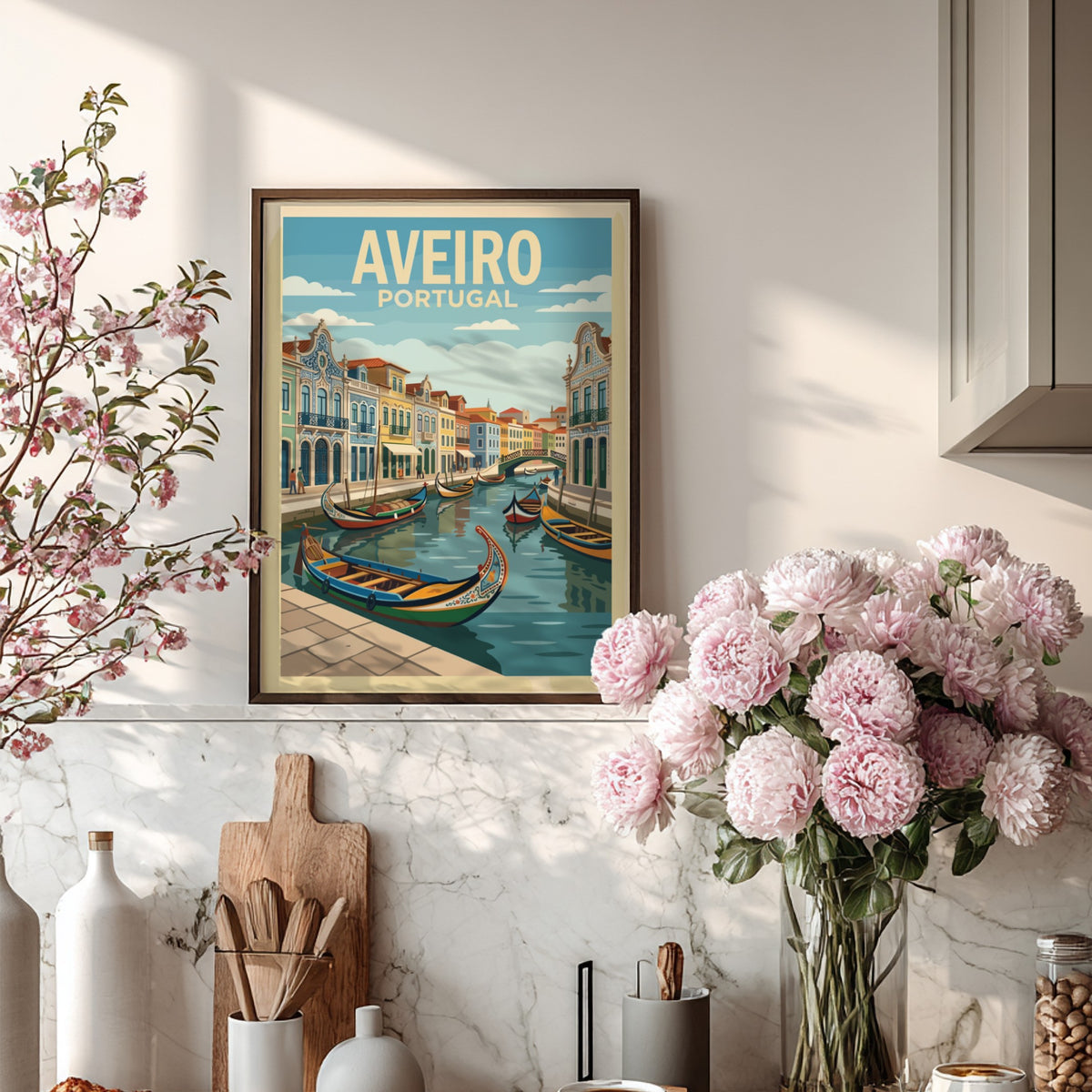 Poster of Aveiro Portugal featuring traditional boats on a canal with ornate buildings