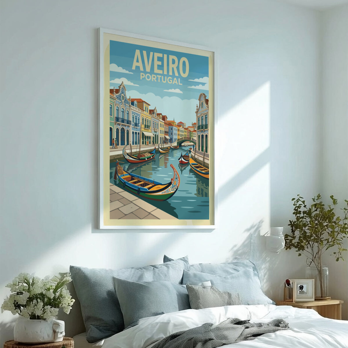 Poster of Aveiro Portugal featuring traditional boats on a canal with ornate buildings