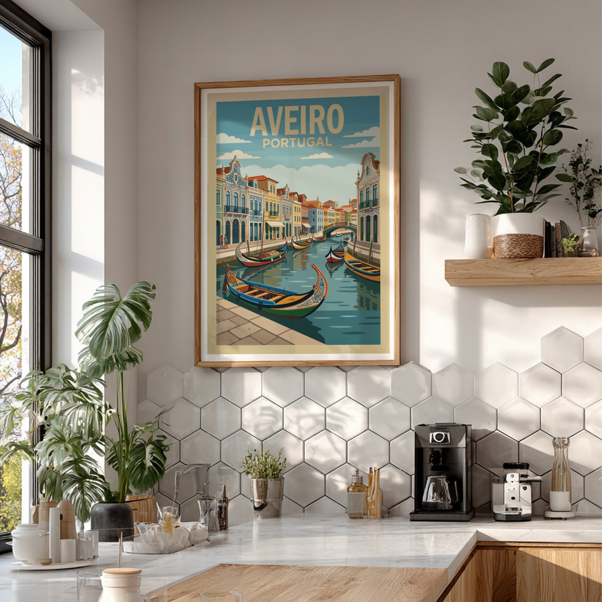 Poster of Aveiro Portugal featuring traditional boats on a canal with ornate buildings
