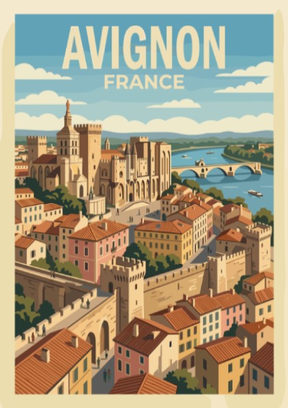 Poster of Avignon France showing the Palais des Papes and bridge over river