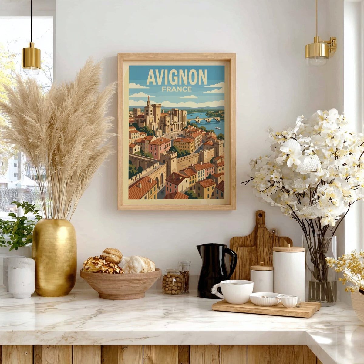 Poster of Avignon France showing the Palais des Papes and bridge over river