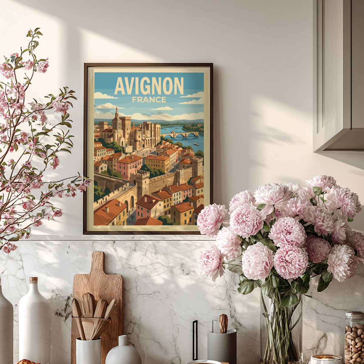 Poster of Avignon France showing the Palais des Papes and bridge over river