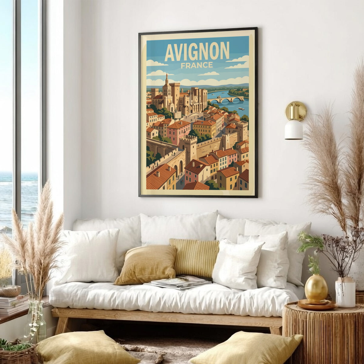 Poster of Avignon France showing the Palais des Papes and bridge over river