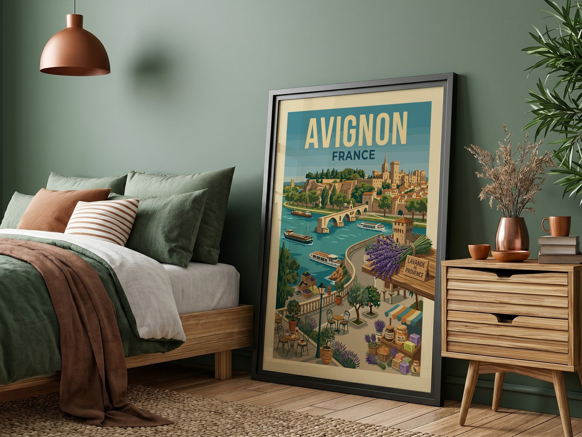 Vintage Avignon France travel poster featuring the Rhône River, bridge, and city skyline in a warm,