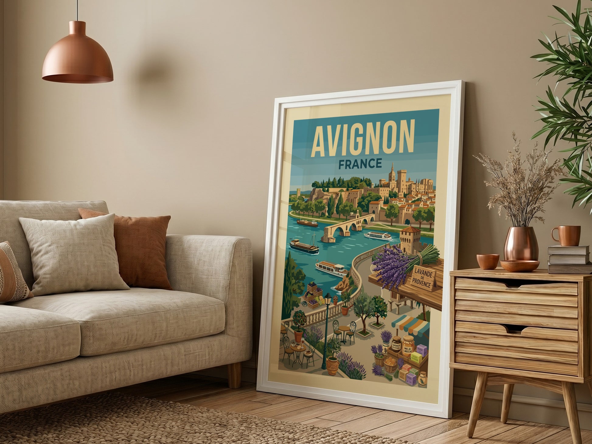 Vintage Avignon France travel poster featuring the Rhône River, bridge, and city skyline in a warm,