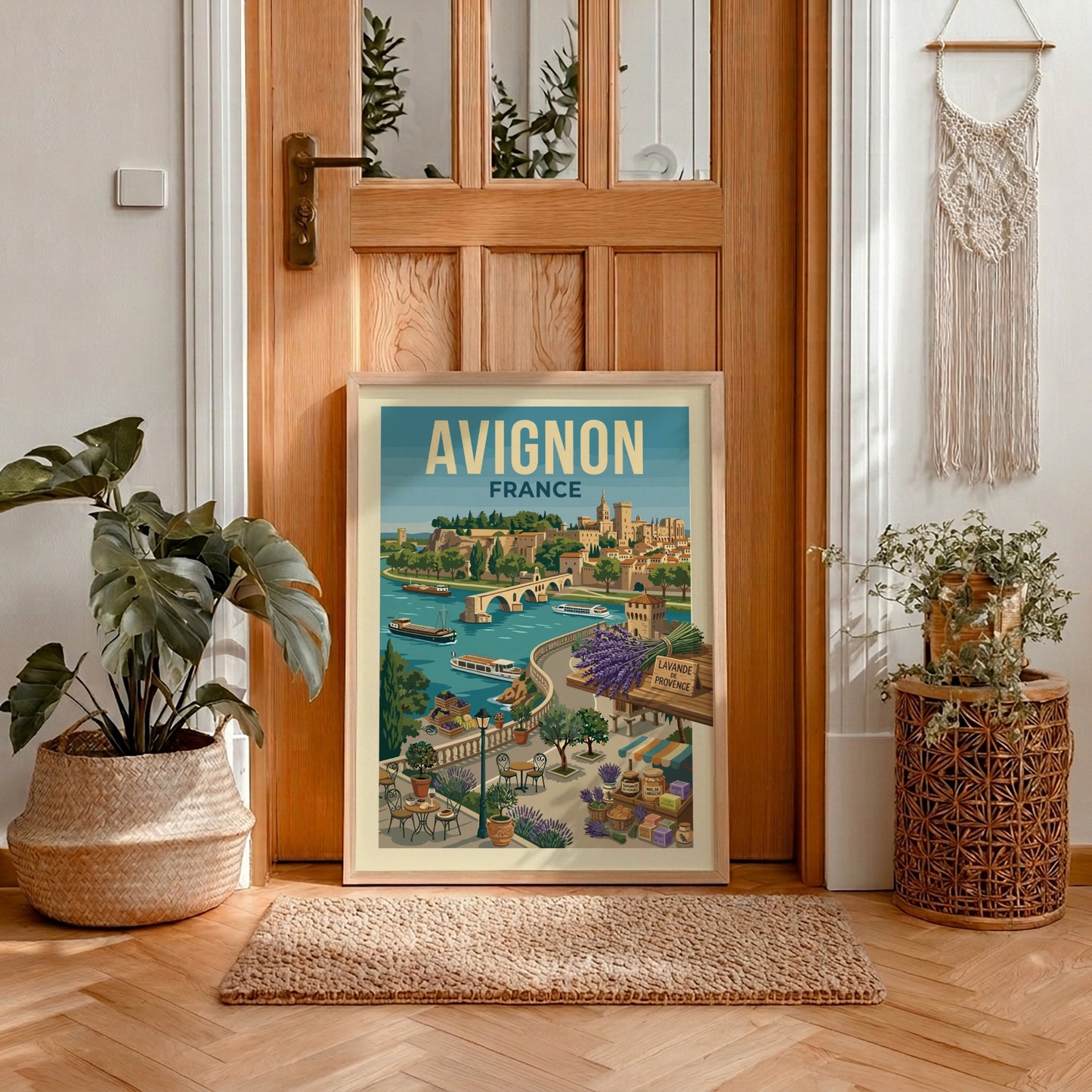 Vintage Avignon France travel poster featuring the Rhône River, bridge, and city skyline in a warm,