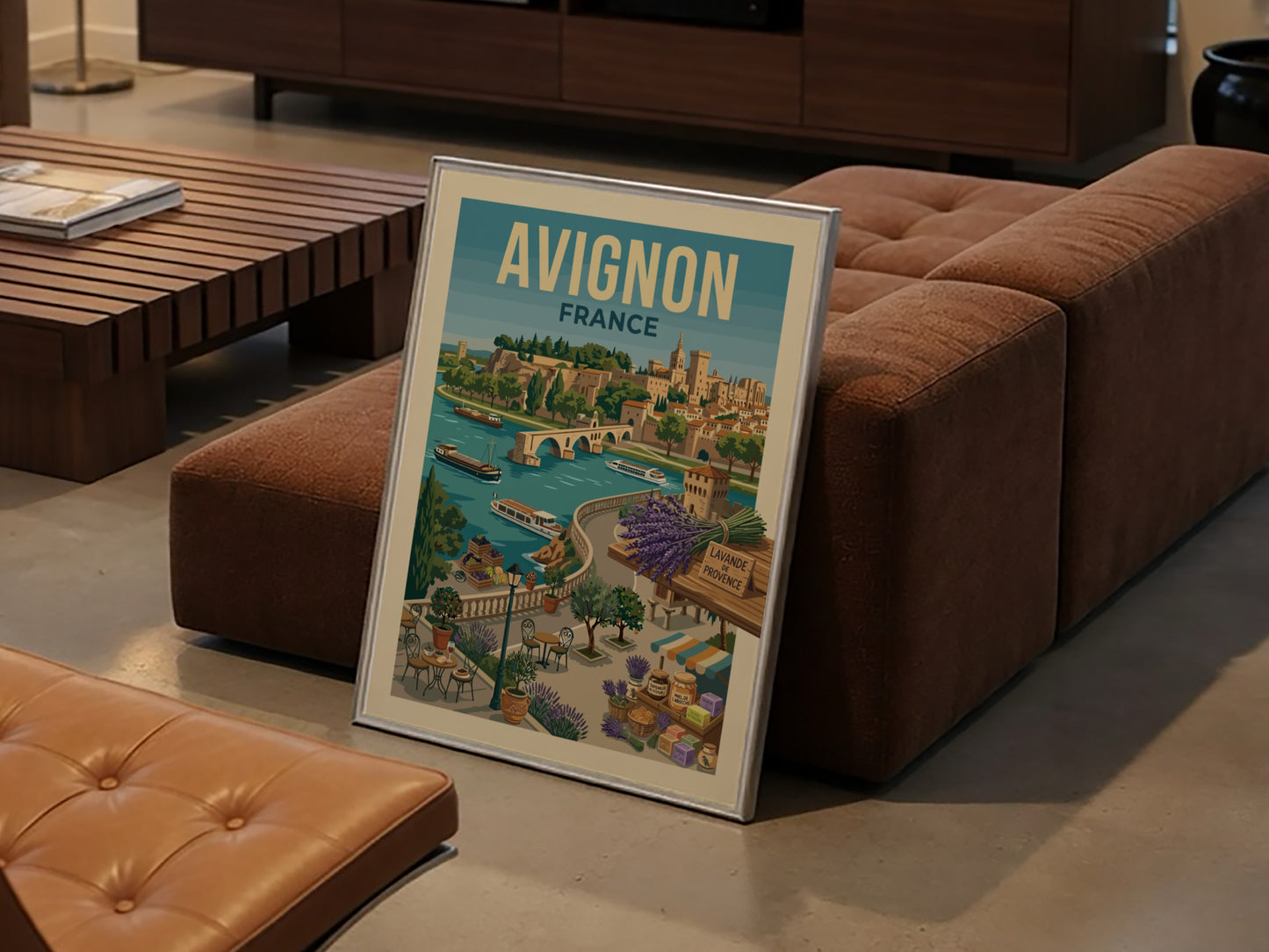 Vintage Avignon France travel poster featuring the Rhône River, bridge, and city skyline in a warm,