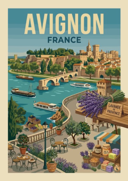Vintage Avignon France travel poster featuring the Rhône River, bridge, and city skyline in a warm,