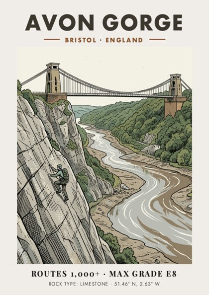 Poster of Avon Gorge in Bristol featuring a climber on limestone cliffs below bridge.