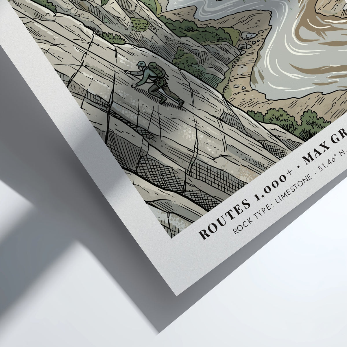 Poster of Avon Gorge in Bristol featuring a climber on limestone cliffs below bridge.
