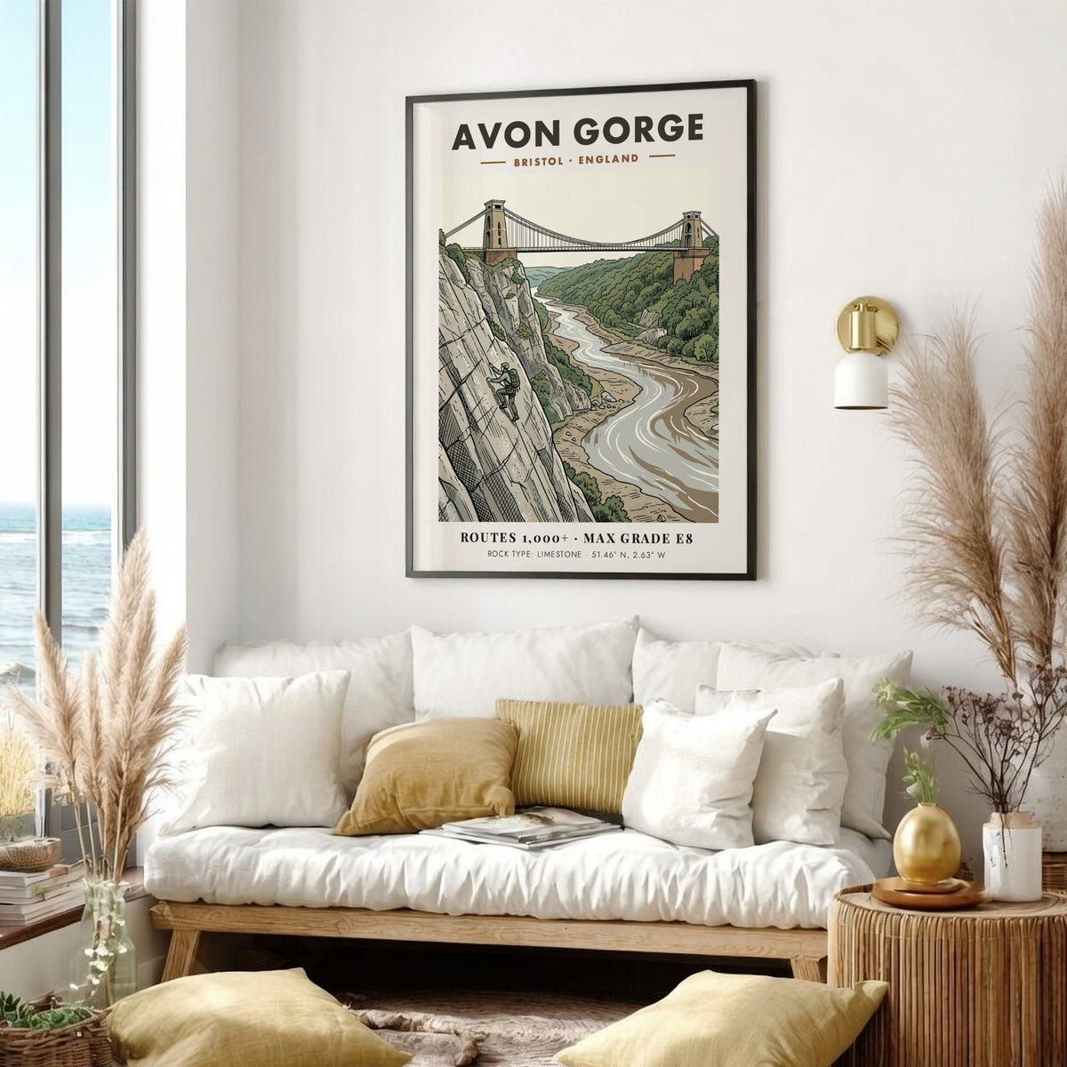 Poster of Avon Gorge in Bristol featuring a climber on limestone cliffs below bridge.