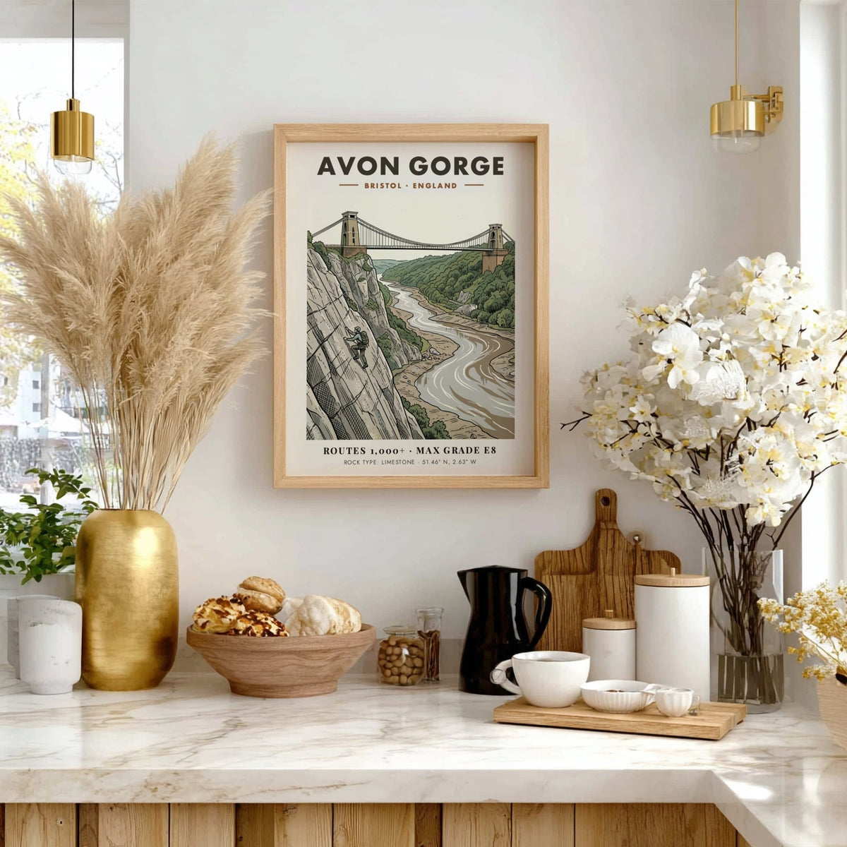 Poster of Avon Gorge in Bristol featuring a climber on limestone cliffs below bridge.