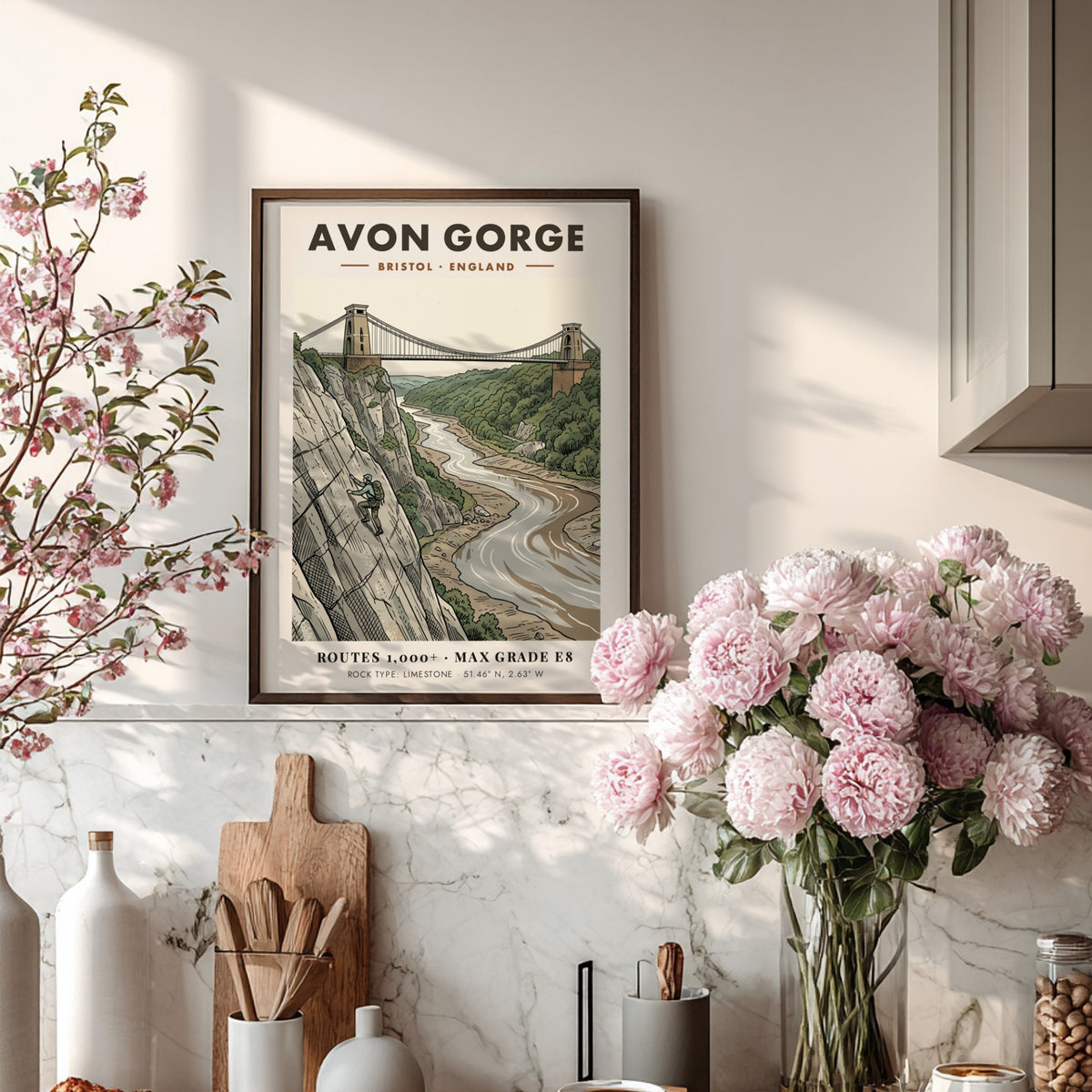 Poster of Avon Gorge in Bristol featuring a climber on limestone cliffs below bridge.