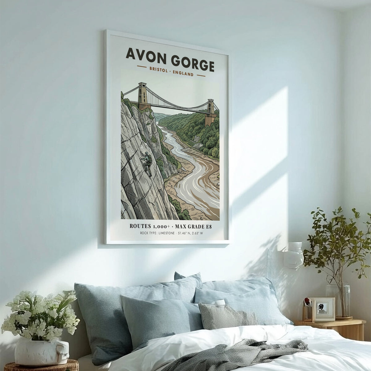 Poster of Avon Gorge in Bristol featuring a climber on limestone cliffs below bridge.