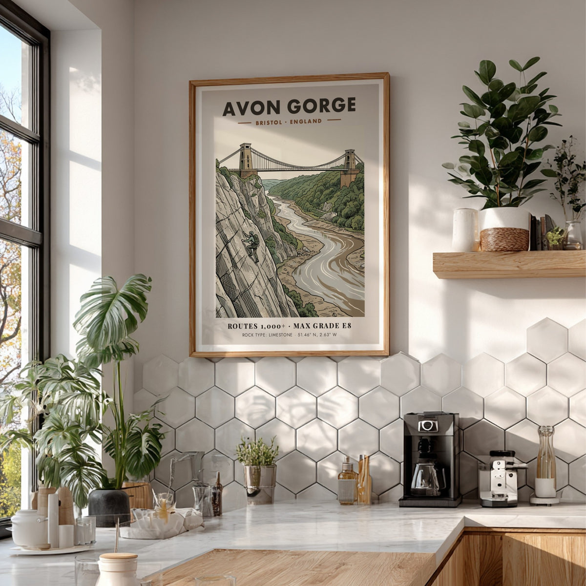 Poster of Avon Gorge in Bristol featuring a climber on limestone cliffs below bridge.
