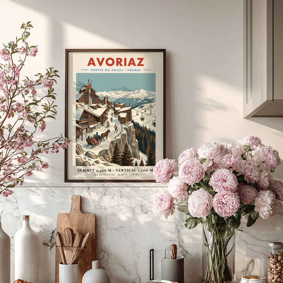Poster of Avoriaz ski resort in France featuring wooden buildings, skiers, and mountains.