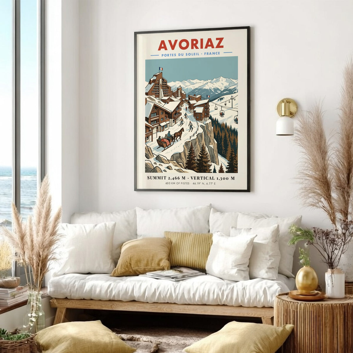 Poster of Avoriaz ski resort in France featuring wooden buildings, skiers, and mountains.