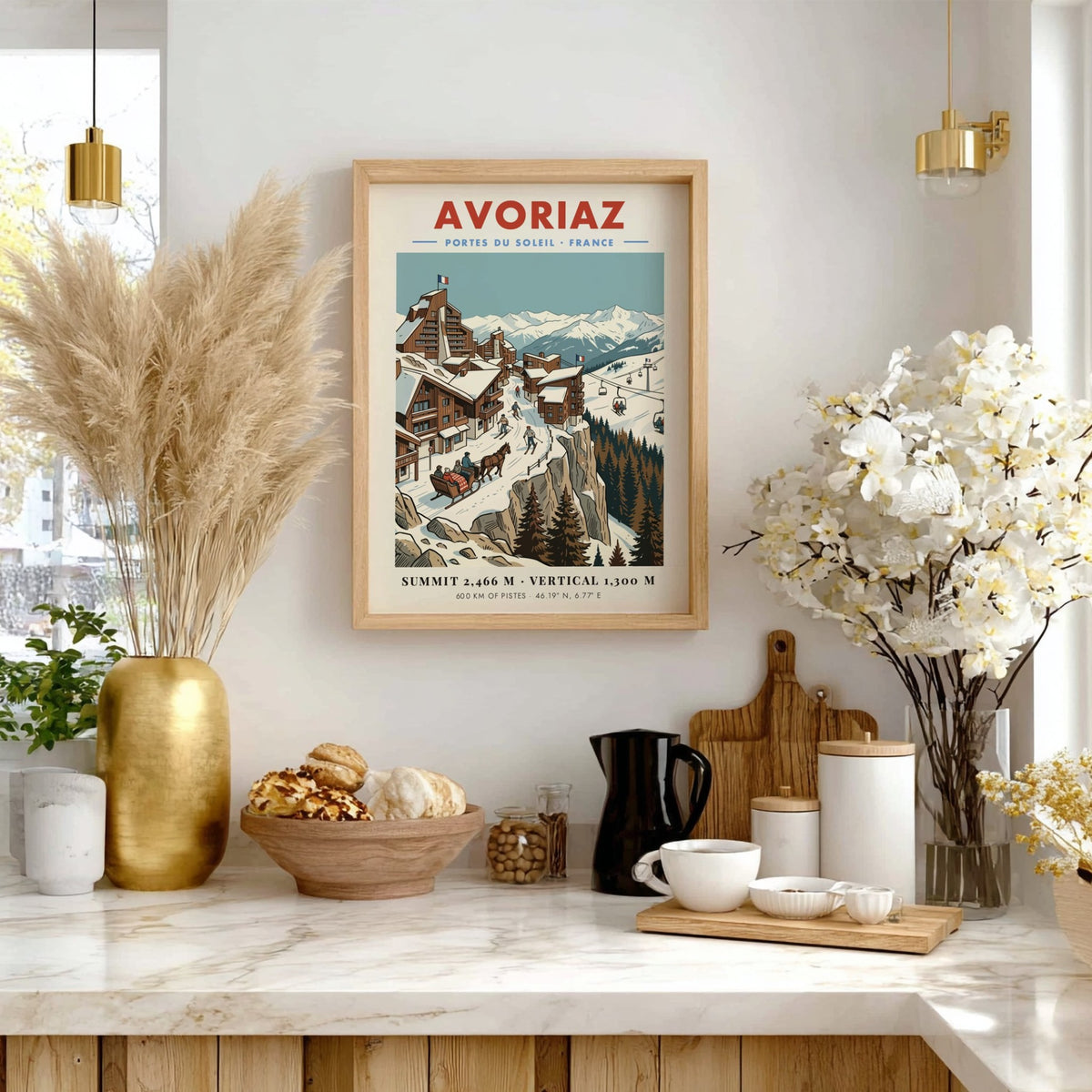 Poster of Avoriaz ski resort in France featuring wooden buildings, skiers, and mountains.