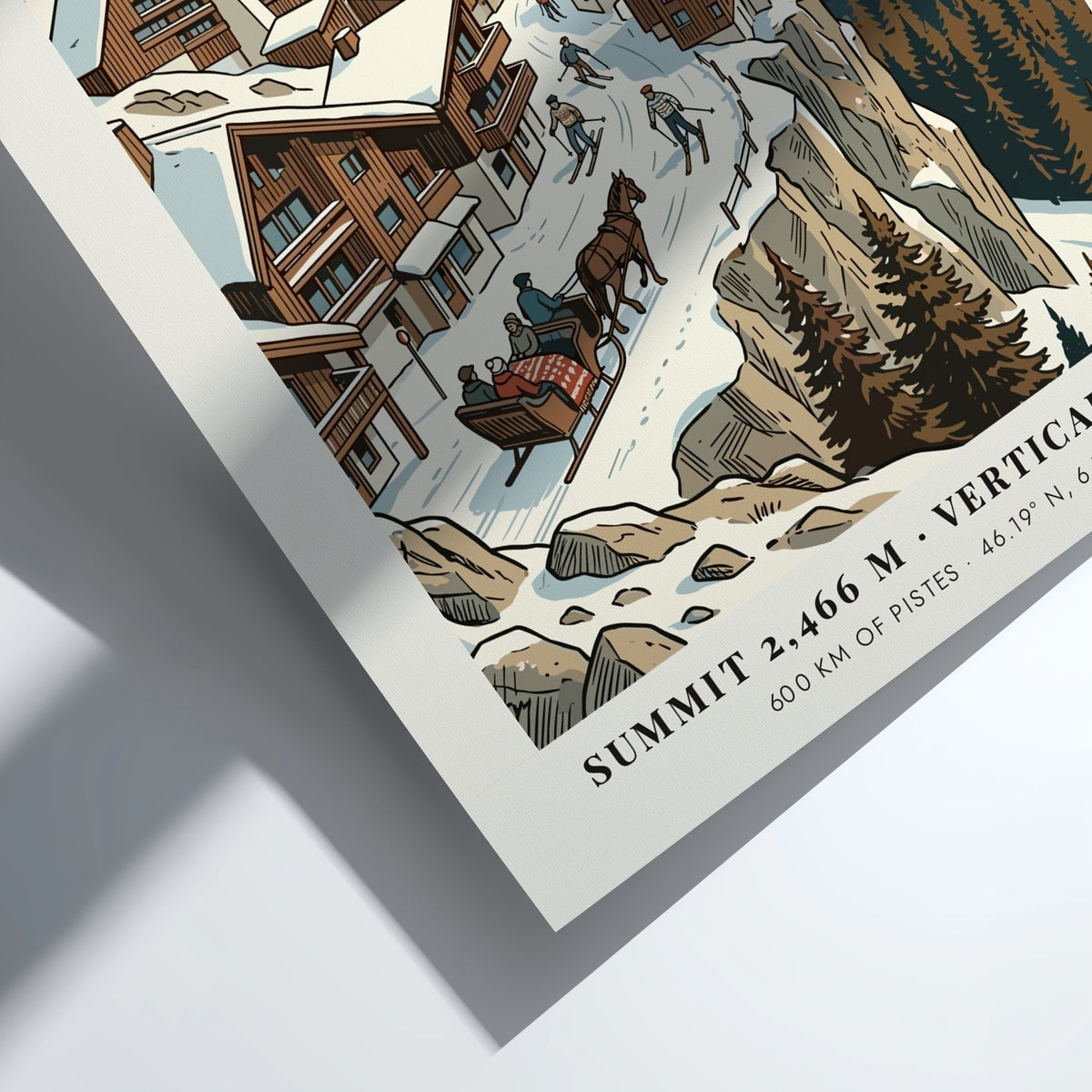 Poster of Avoriaz ski resort in France featuring wooden buildings, skiers, and mountains.