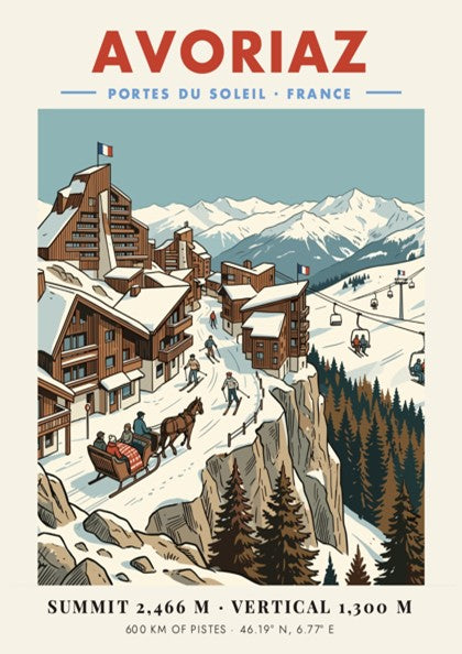 Poster of Avoriaz ski resort in France featuring wooden buildings, skiers, and mountains.