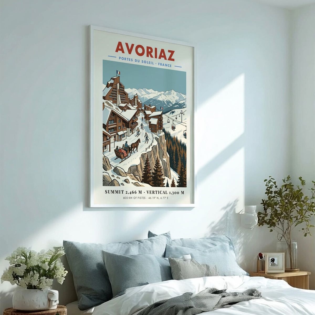 Poster of Avoriaz ski resort in France featuring wooden buildings, skiers, and mountains.