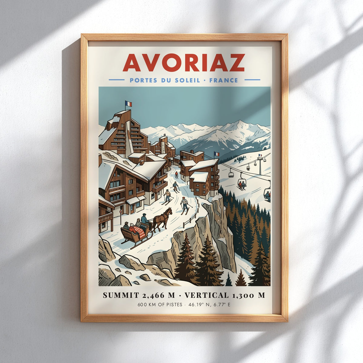 Poster of Avoriaz ski resort in France featuring wooden buildings, skiers, and mountains.