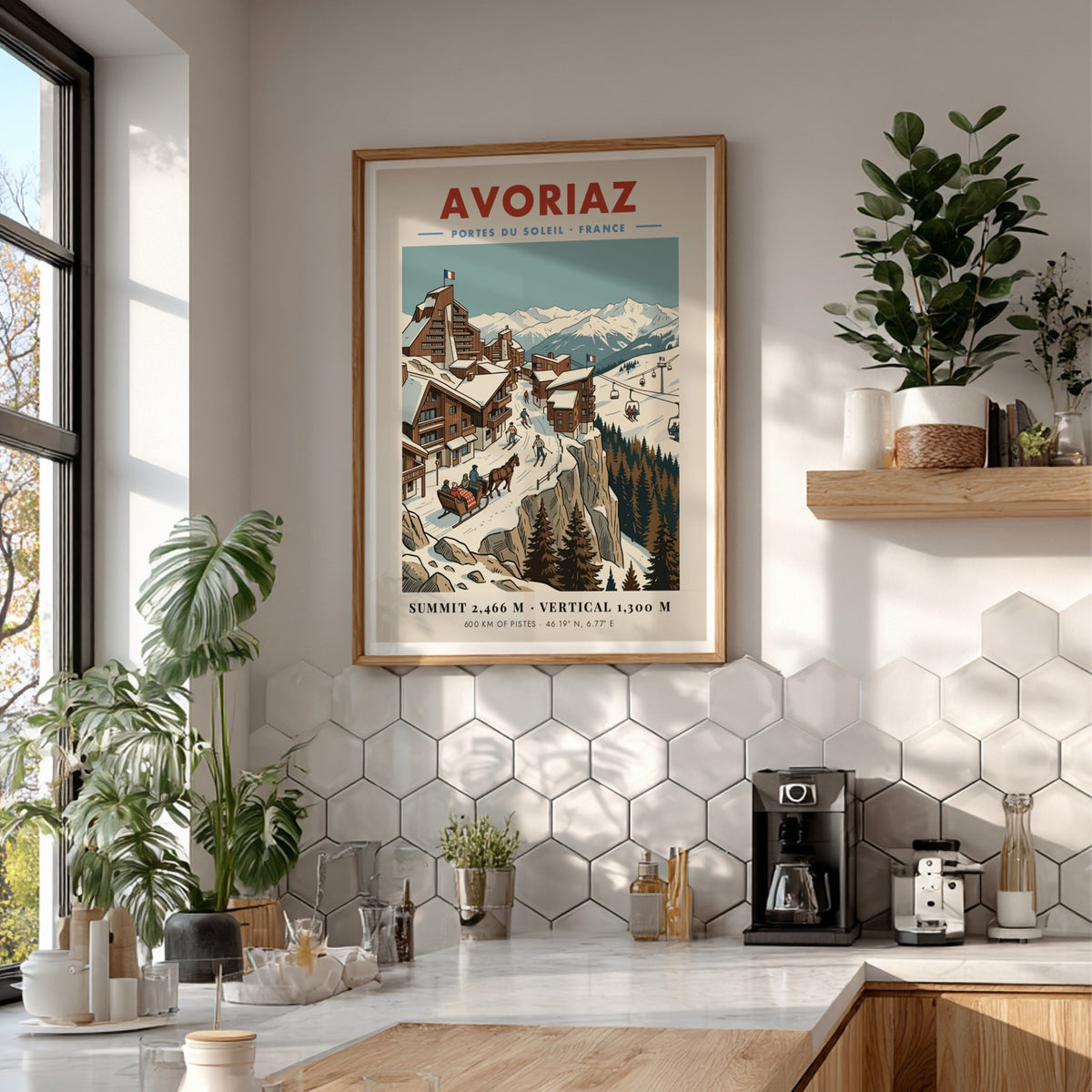 Poster of Avoriaz ski resort in France featuring wooden buildings, skiers, and mountains.