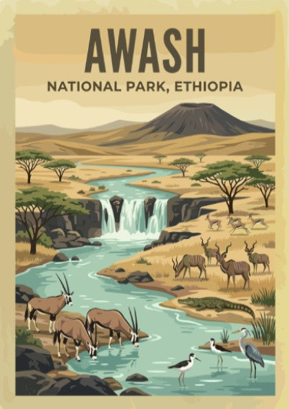 Awash National Park poster featuring a river, wildlife, and warm colors in a nature art style