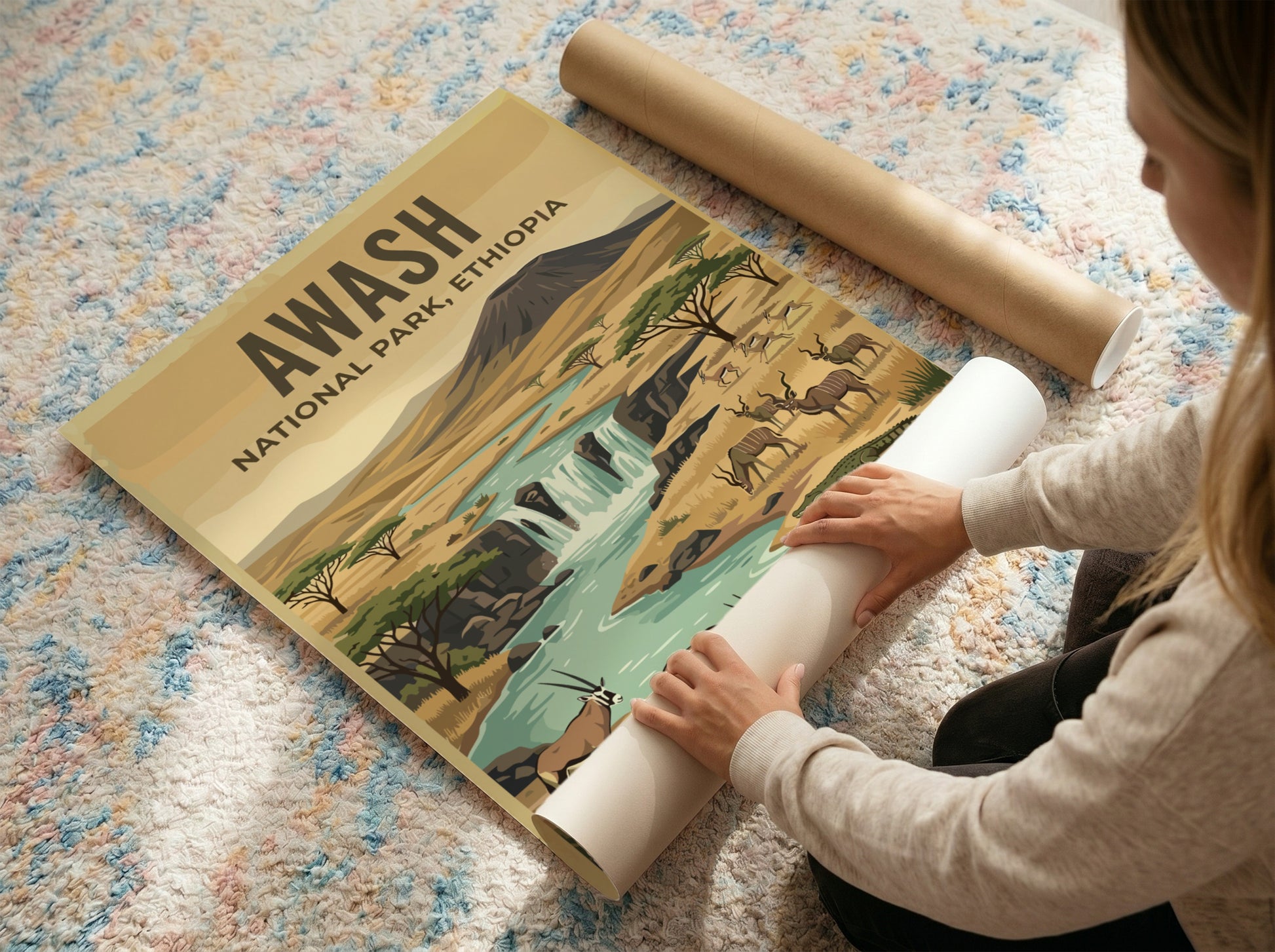 Awash National Park poster featuring a river, wildlife, and warm colors in a nature art style