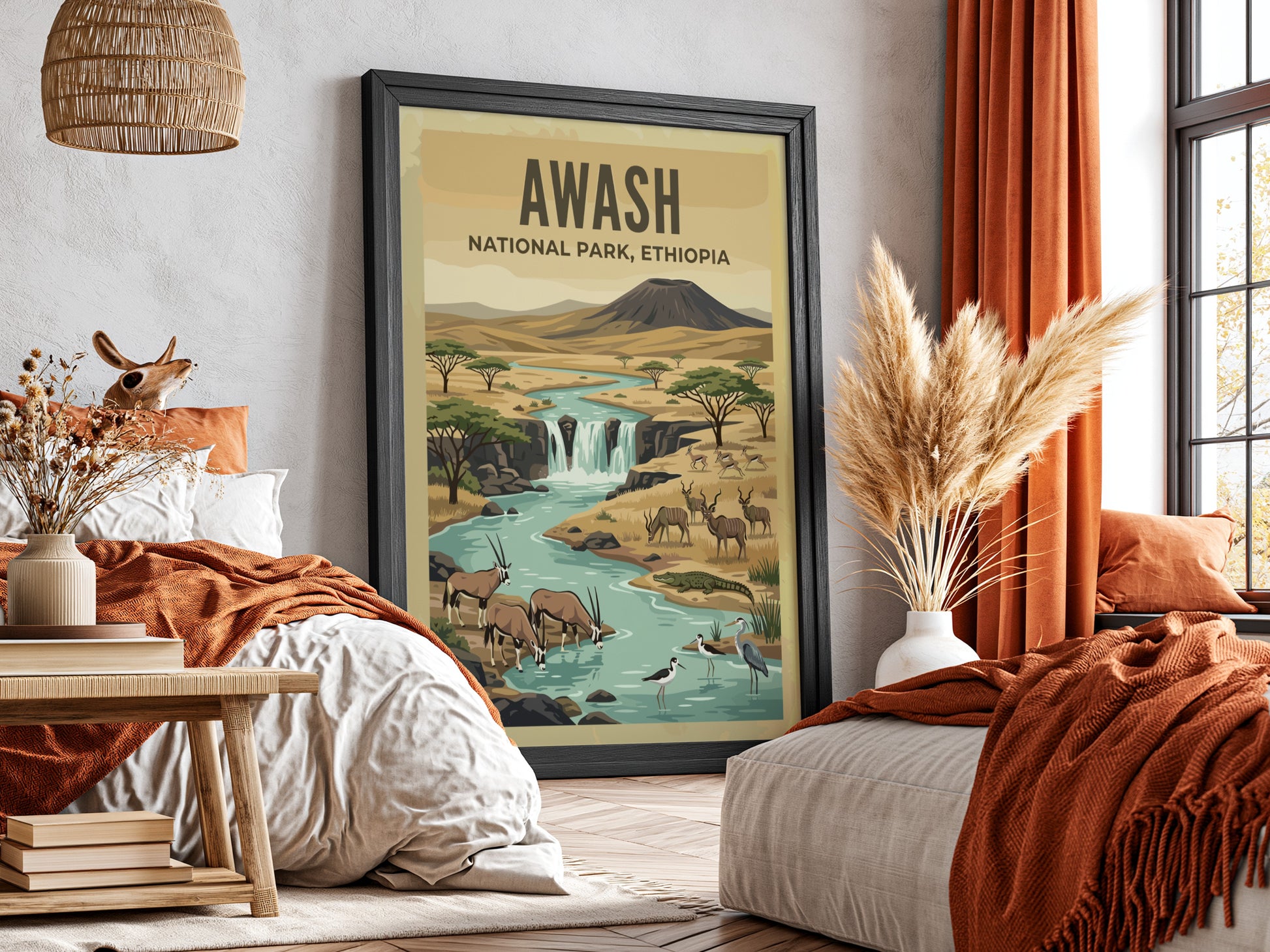 Awash National Park poster featuring a river, wildlife, and warm colors in a nature art style