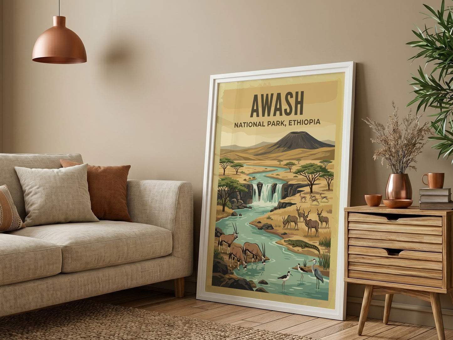 Awash National Park poster featuring a river, wildlife, and warm colors in a nature art style