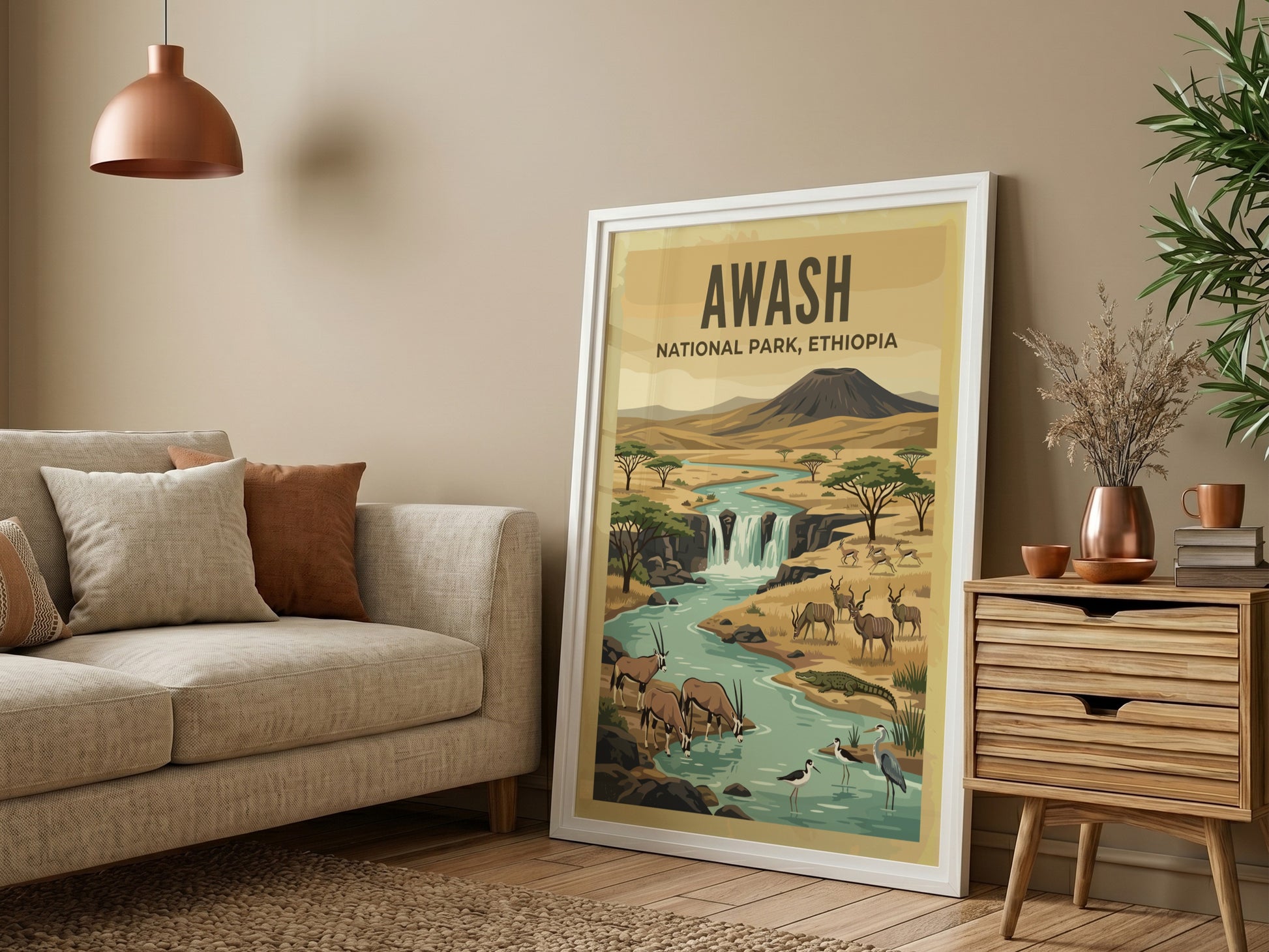Awash National Park poster featuring a river, wildlife, and warm colors in a nature art style
