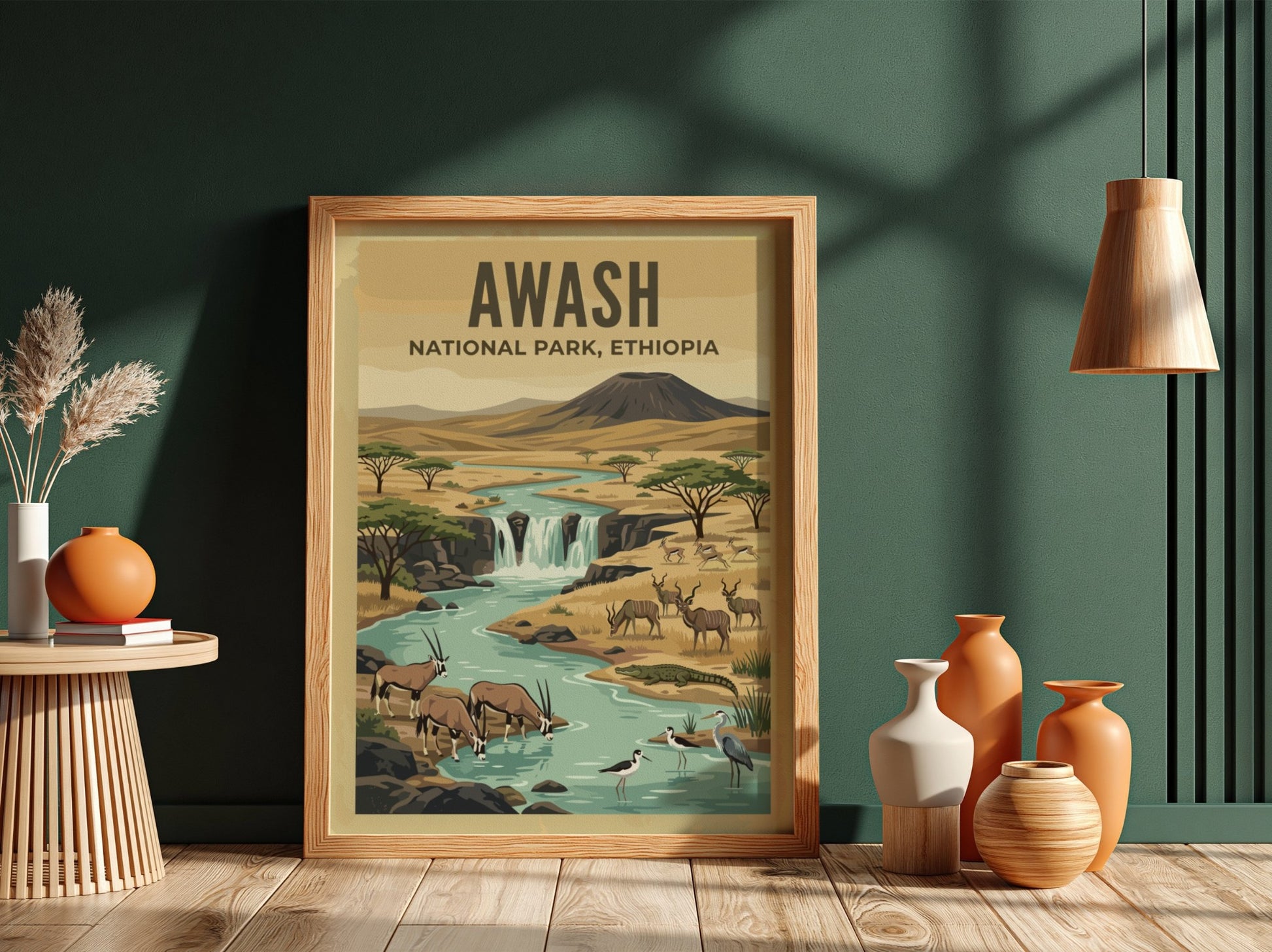 Awash National Park poster featuring a river, wildlife, and warm colors in a nature art style