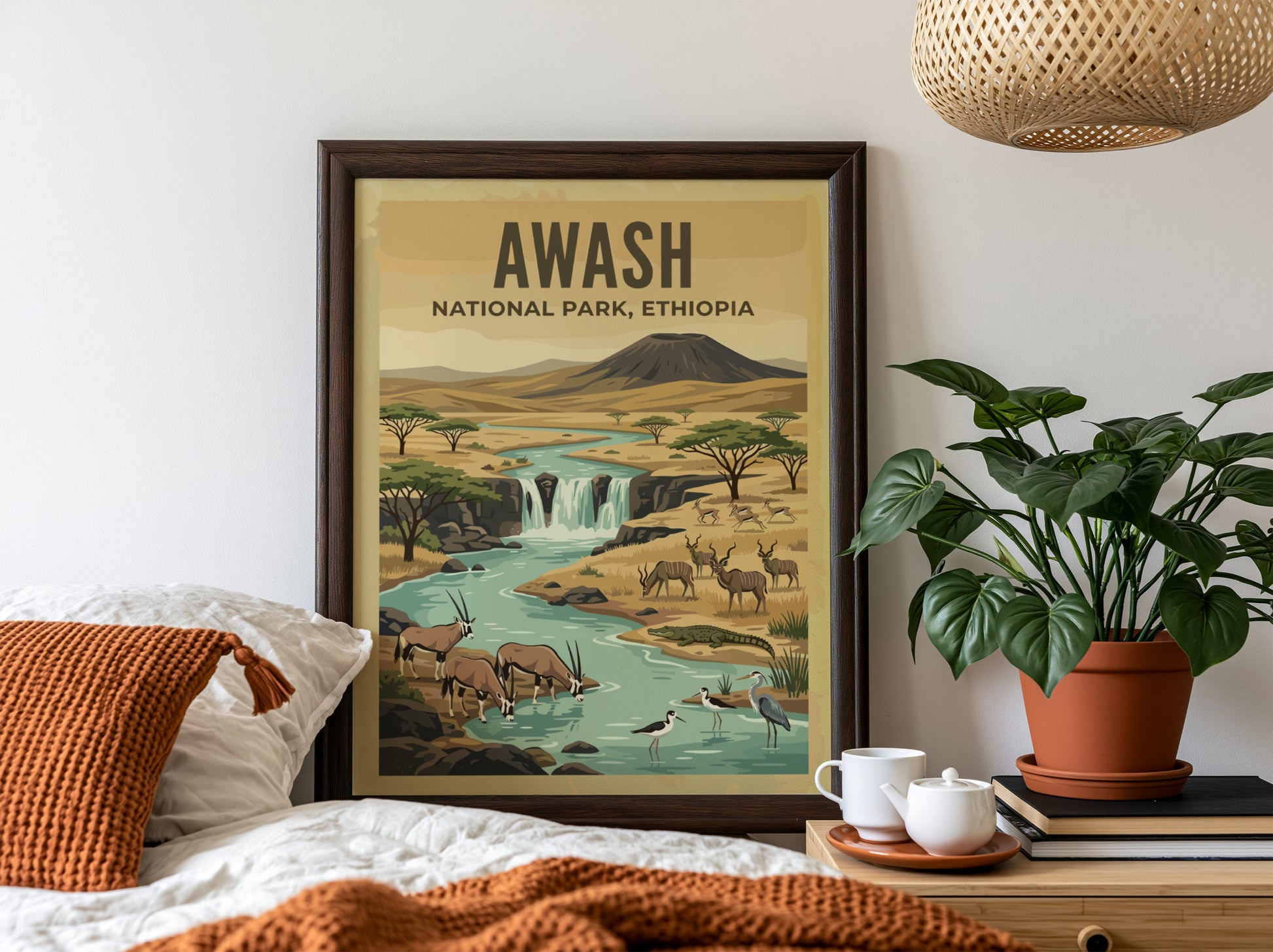 Awash National Park poster featuring a river, wildlife, and warm colors in a nature art style