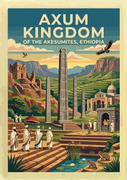 Travel poster of Axum Kingdom Ethiopia with ancient stelae and figures in robes