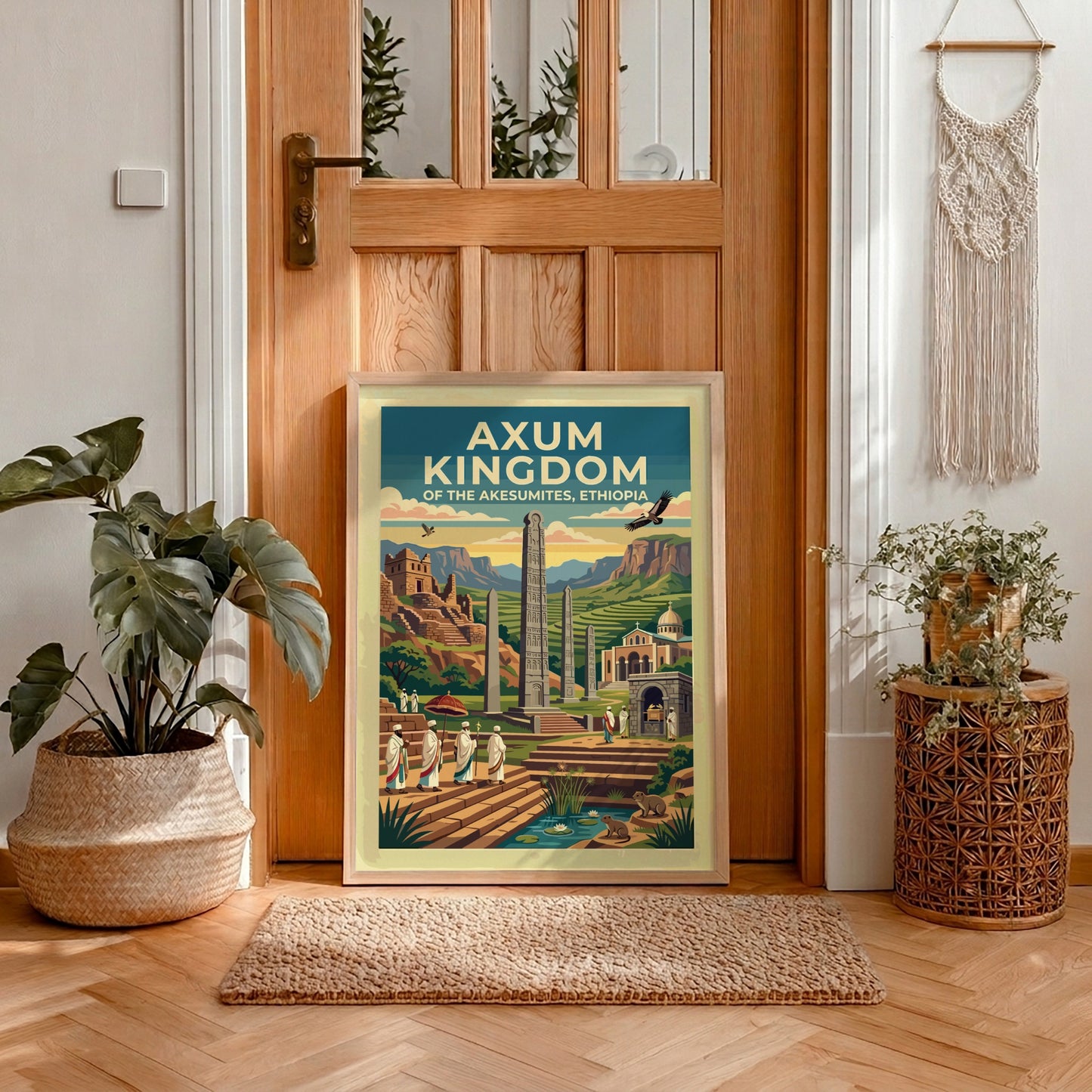 Travel poster of Axum Kingdom Ethiopia with ancient stelae and figures in robes