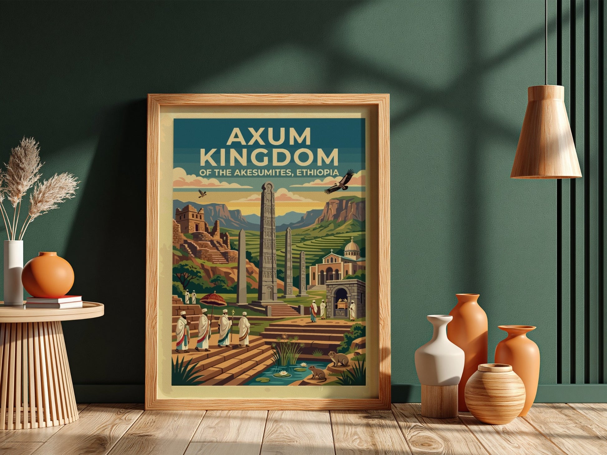 Travel poster of Axum Kingdom Ethiopia with ancient stelae and figures in robes