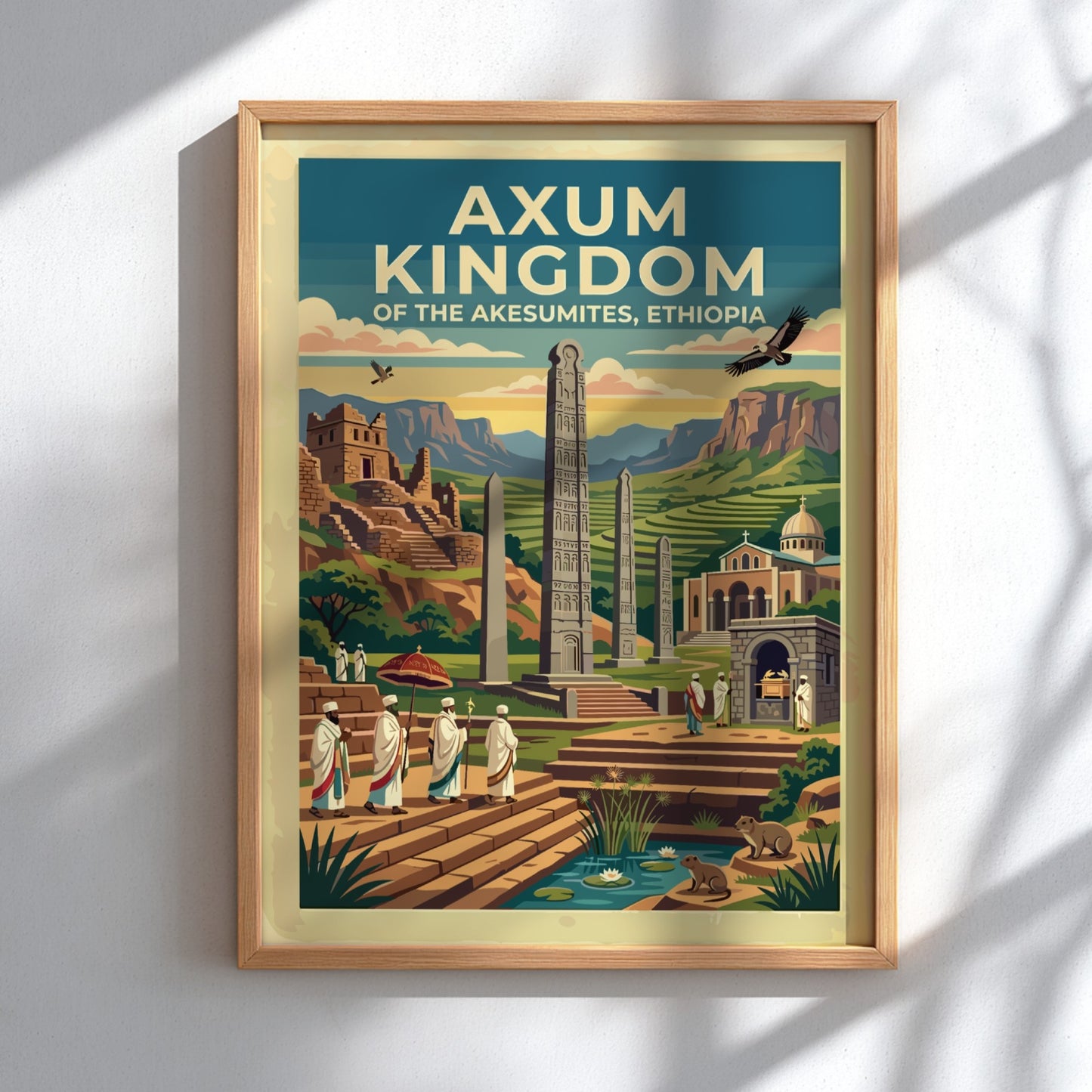 Travel poster of Axum Kingdom Ethiopia with ancient stelae and figures in robes