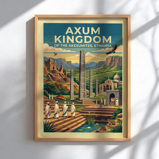 Travel poster of Axum Kingdom Ethiopia with ancient stelae and figures in robes