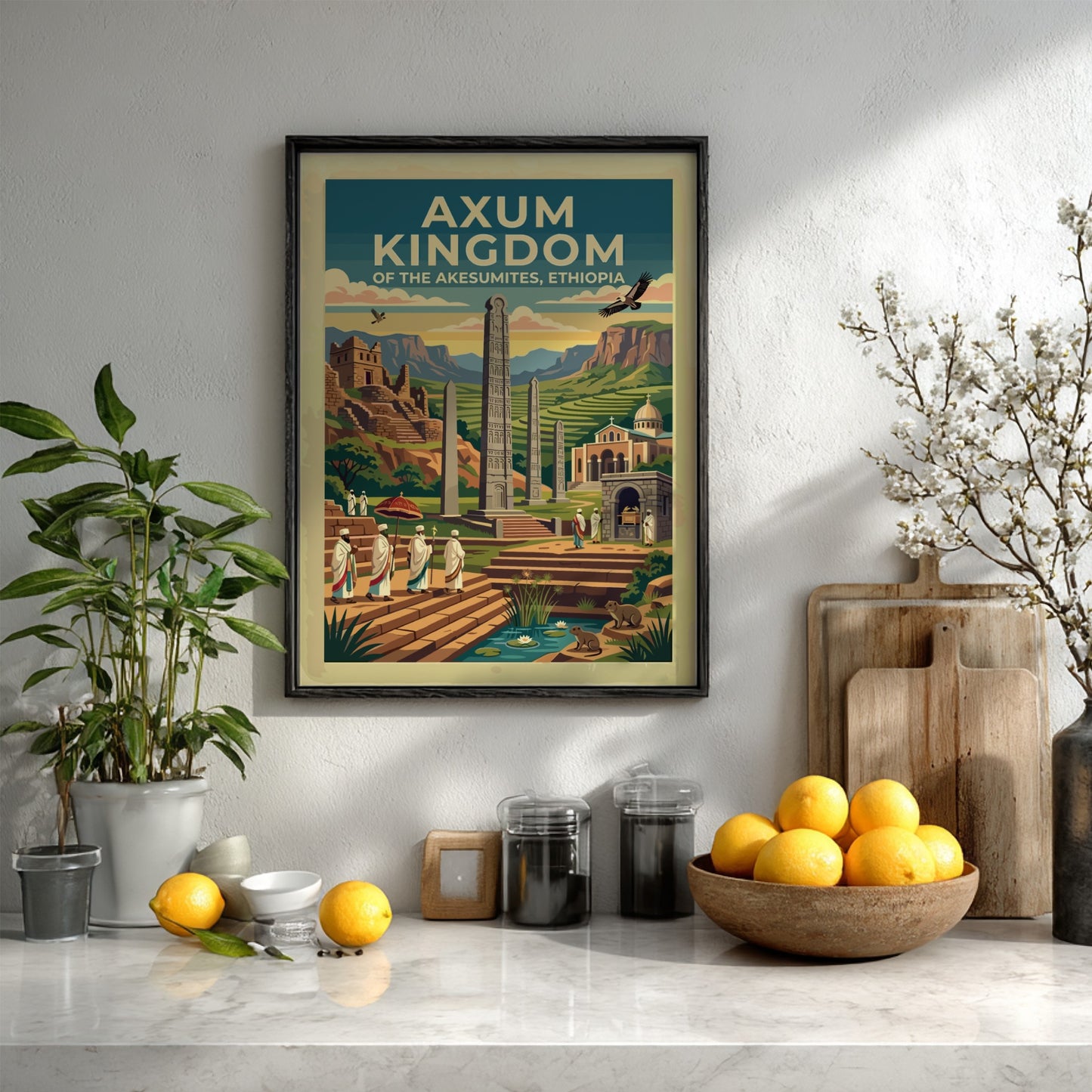 Travel poster of Axum Kingdom Ethiopia with ancient stelae and figures in robes