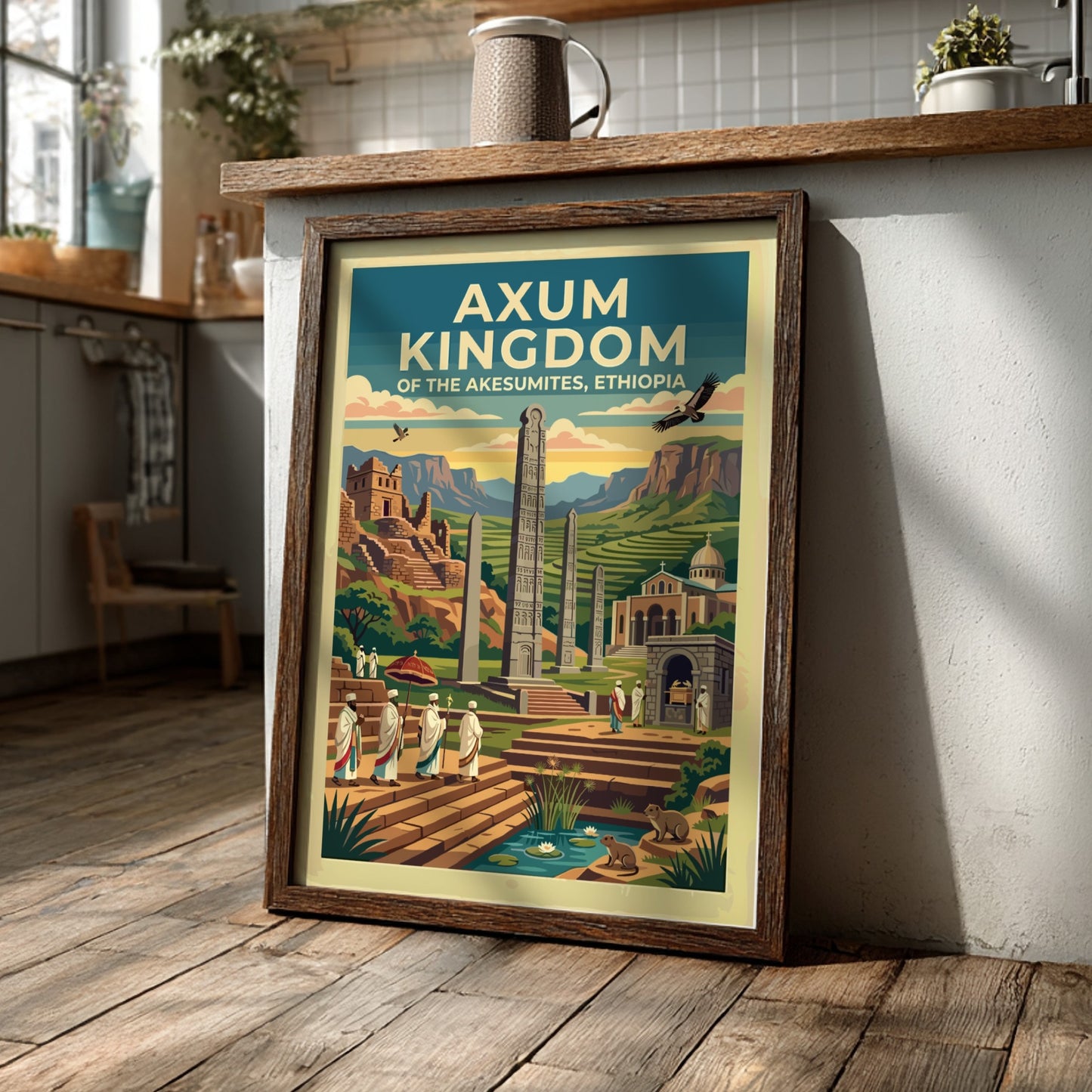 Travel poster of Axum Kingdom Ethiopia with ancient stelae and figures in robes