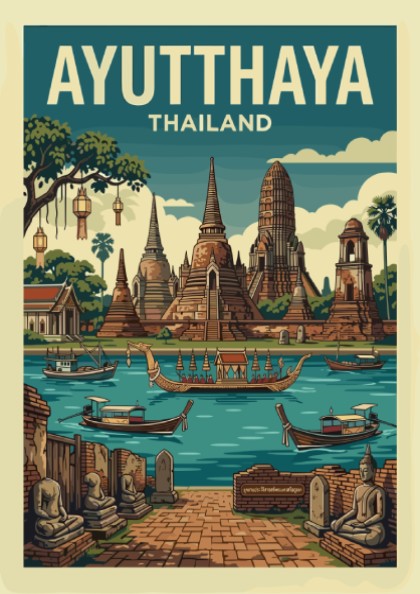 Vintage Ayutthaya Thailand travel poster featuring temples and a river in a retro illustration style.