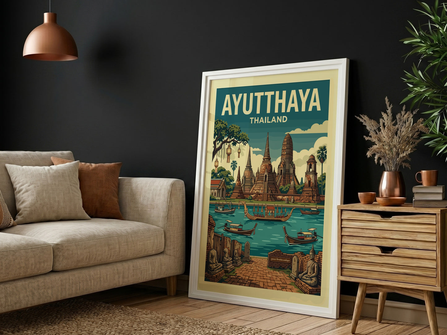 Vintage Ayutthaya Thailand travel poster featuring temples and a river in a retro illustration style.