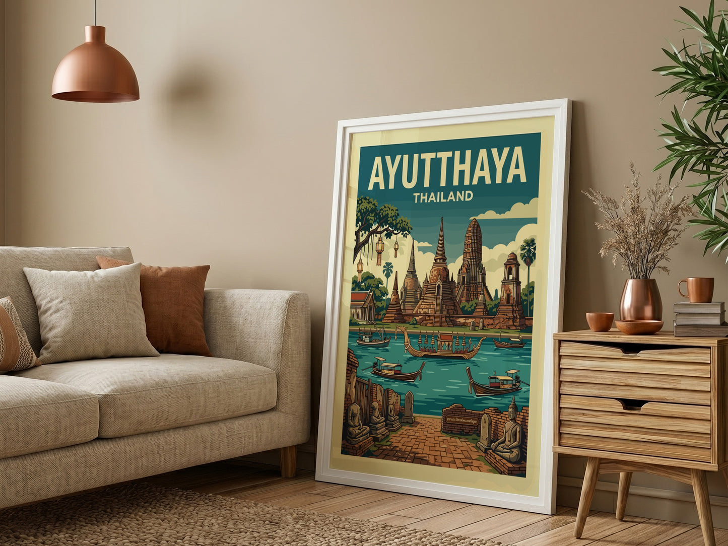 Vintage Ayutthaya Thailand travel poster featuring temples and a river in a retro illustration style.